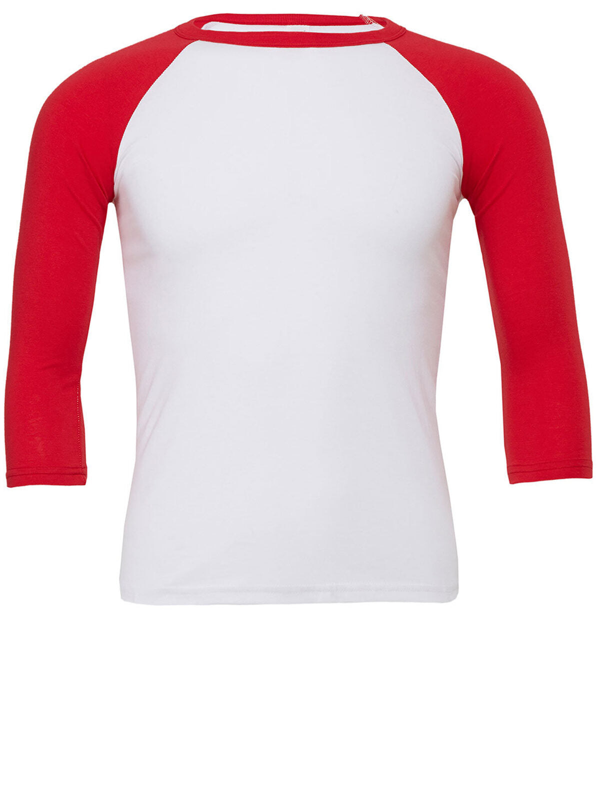 3/4 Sleeve Baseball Tee Unisex T-Shirt – Bella+Canvas – Farbe White/Red – individuell veredelbar
