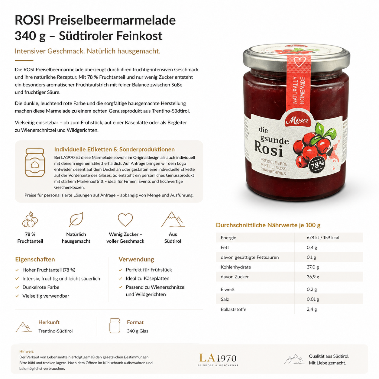 ROSI Lingonberry Jam 340 g – South Tyrolean Delicacy with Character | LA1970