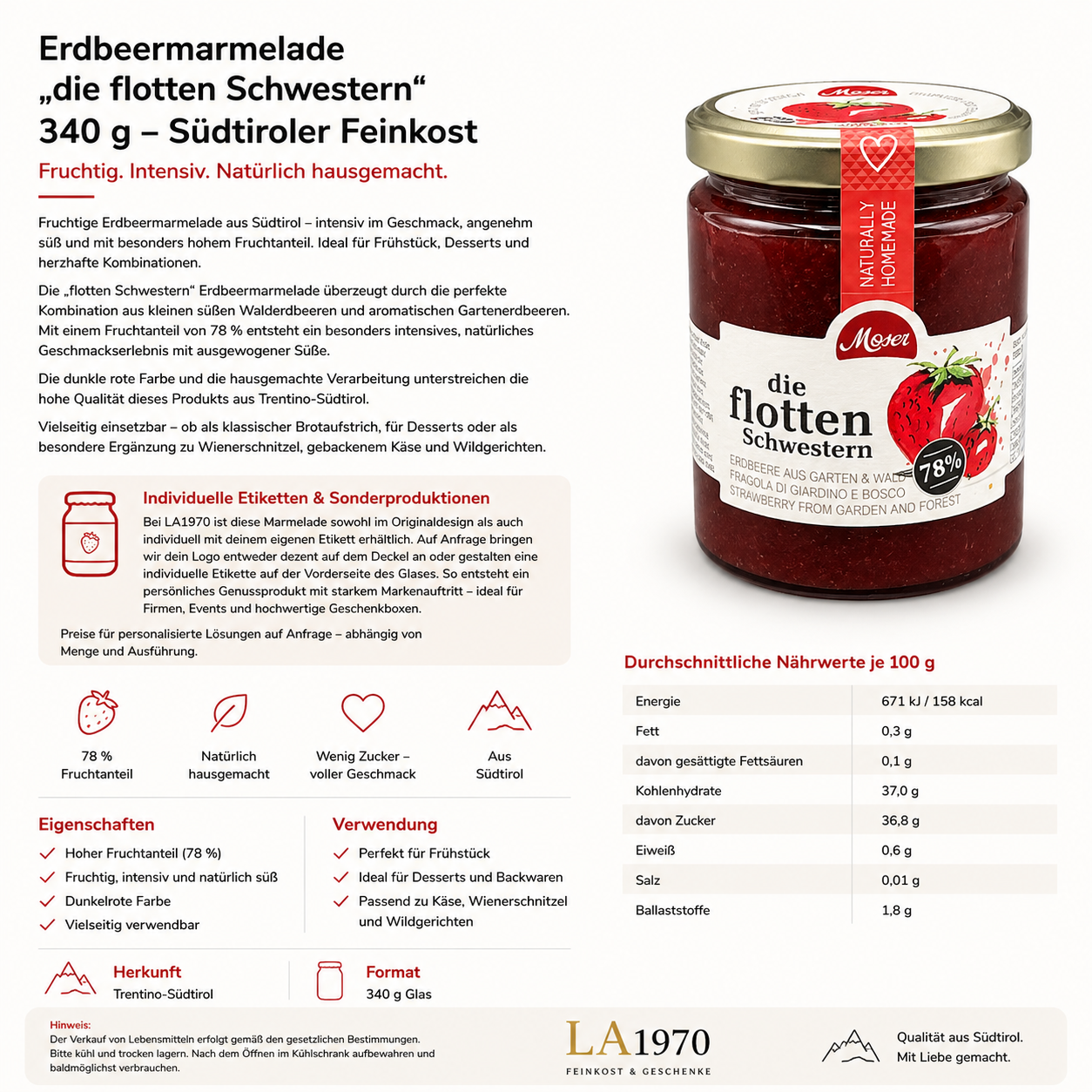 Confettura di fragole "die flotten Schwestern" – 340 g | Gastronomia pregiata dell'Alto Adige | LA1970