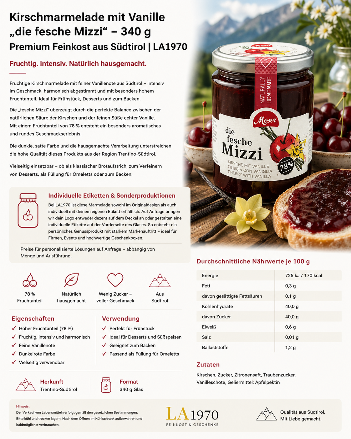 Kirschmarmelade mit Vanille „die fesche Mizzi“ – 340 g | Premium Feinkost aus Südtirol | LA1970