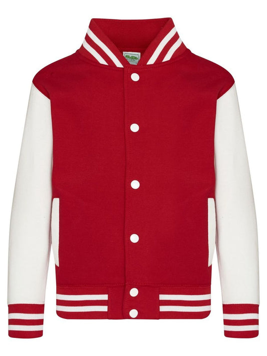 Varsity Jacket Kinder Sweatshirt / Hoodie – Just Hoods by AWDis – Farbe fire red/white – individuell veredelbar