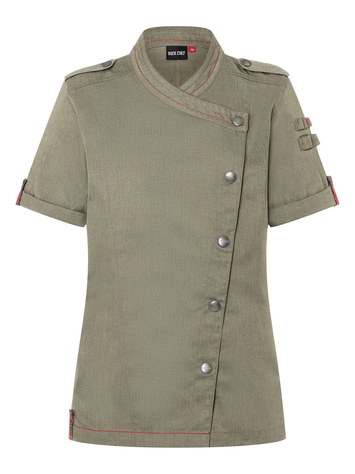 Giacca da cuoco da donna a maniche corte ROCK CHEF®-Stage2 Damen Schürze / Kasack – Karlowsky – Farbe Vintage Moss Green – individuell veredelbar