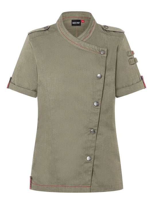 Giacca da cuoco da donna a maniche corte ROCK CHEF®-Stage2 Damen Schürze / Kasack – Karlowsky – Farbe Vintage Moss Green – individuell veredelbar