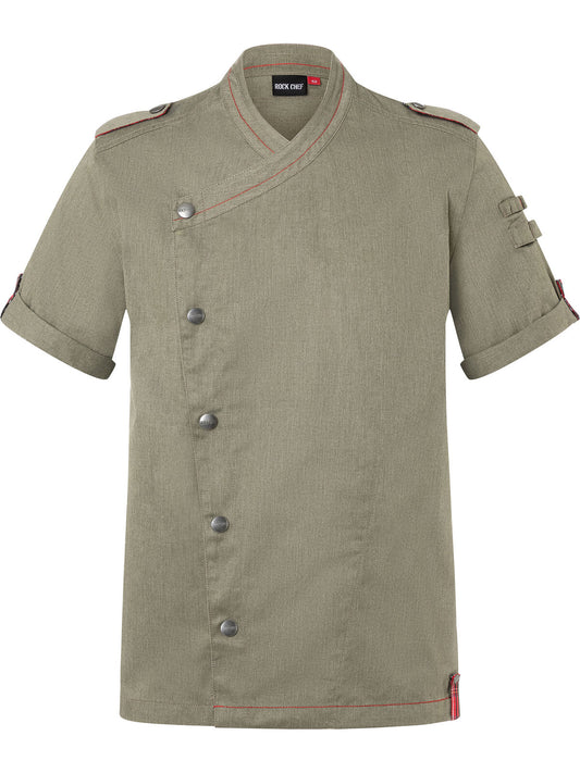 Giacca da cuoco da uomo denim a maniche corte ROCK CHEF®-Stage2 Herren Schürze / Kasack – Karlowsky – Farbe Vintage Moss Green – individuell veredelbar