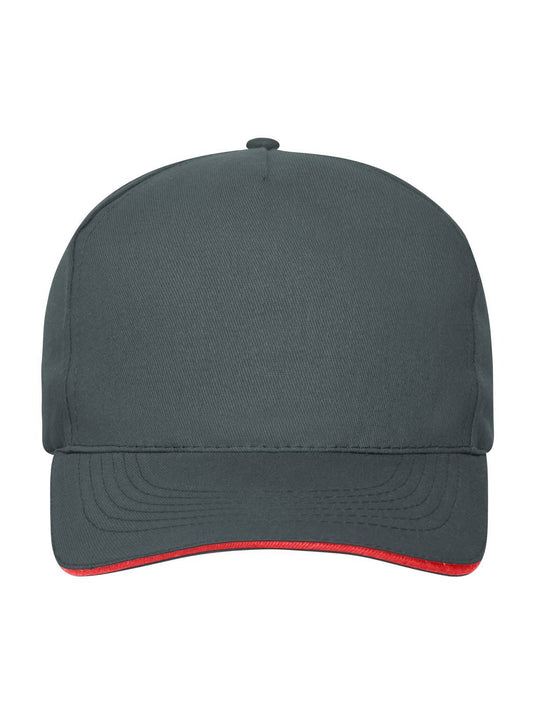 Baseball Caps 5 Panel Sandwich Cap Bio Cotton graphite/Rot bestickbar und bedruckbar – LA1970
