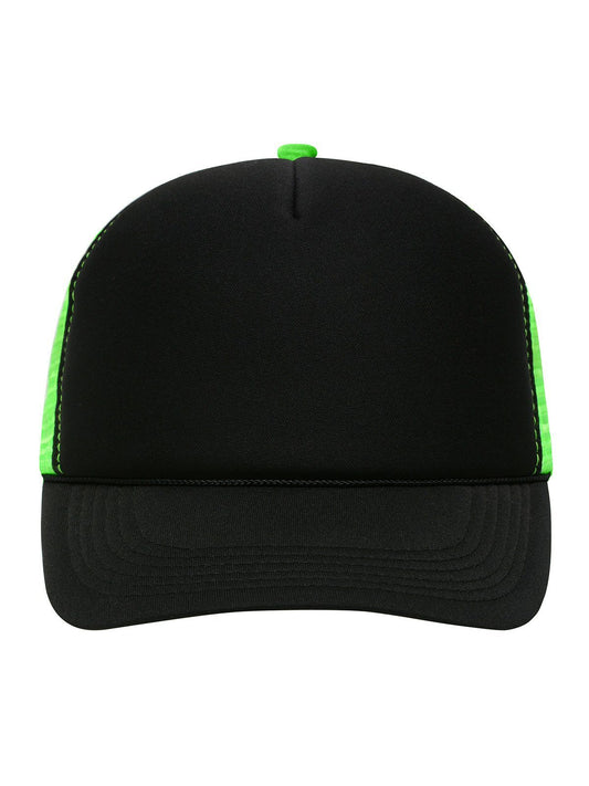 Trucker Caps 5 Panel Retro Mesh Cap Schwarz/neon-green bestickbar und bedruckbar – LA1970
