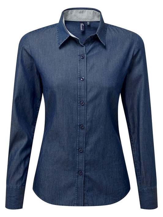 Denim-Pindot Long Sleeve Shirt Damen Hemd / Bluse – Premier – Farbe indigo – individuell veredelbar