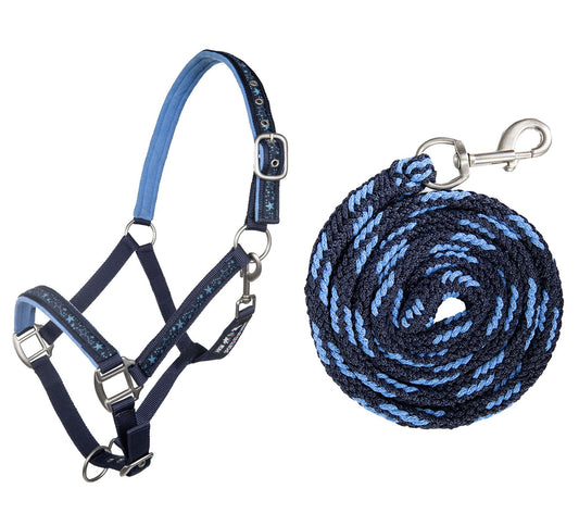 Halfter mit Strick 180cm und Karabiner Stars – Nasen- und Stirnriemen weich unterlegt – Bild 1