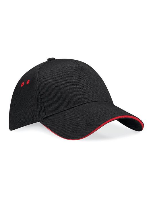 Baseball Caps Ultimate 5 Panel Cap - Sandwich Peak Schwarz/classic Rot bestickbar und bedruckbar – LA1970