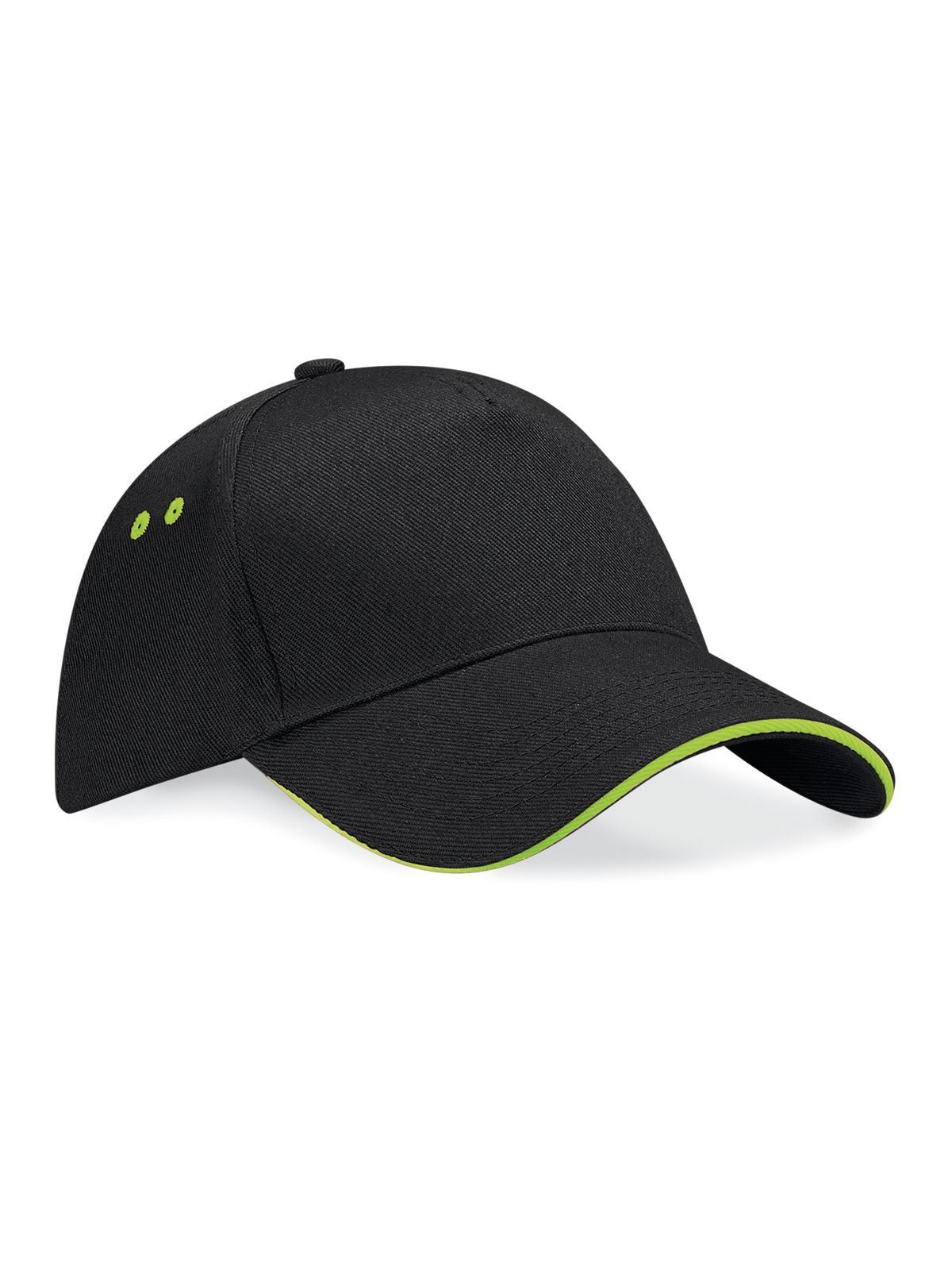 Baseball Caps Ultimate 5 Panel Cap - Sandwich Peak Schwarz/lime green bestickbar und bedruckbar – LA1970