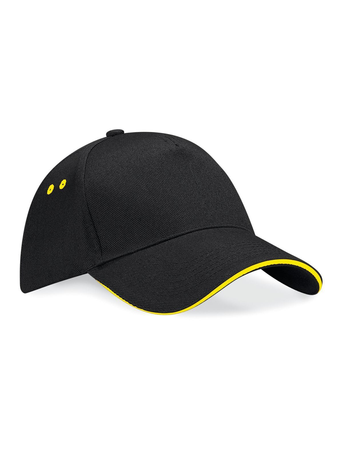 Baseball Caps Ultimate 5 Panel Cap - Sandwich Peak Schwarz/yellow bestickbar und bedruckbar – LA1970
