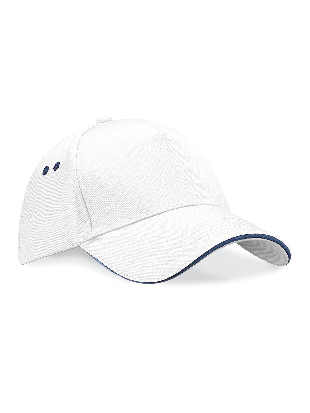 Baseball Caps Ultimate 5 Panel Cap - Sandwich Peak Weiß/french Marineblau bestickbar und bedruckbar – LA1970