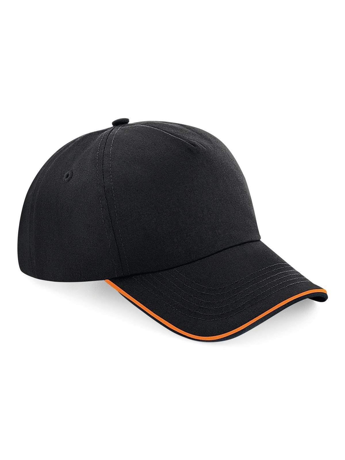 Baseball Caps Aut. 5 Panel Cap - Piped Peak Schwarz/orange bestickbar und bedruckbar – LA1970