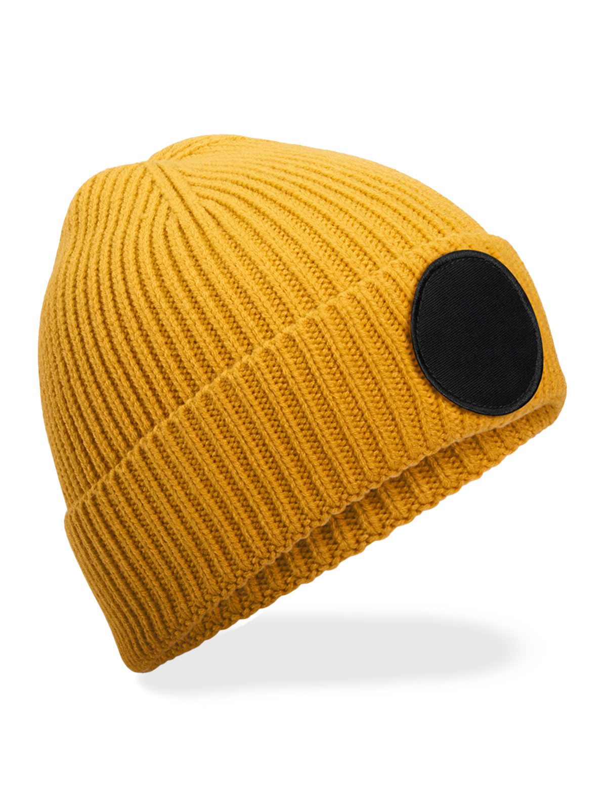 Beanies Circular Fashion Patch Beanie mustard/Schwarz bestickbar und bedruckbar – LA1970