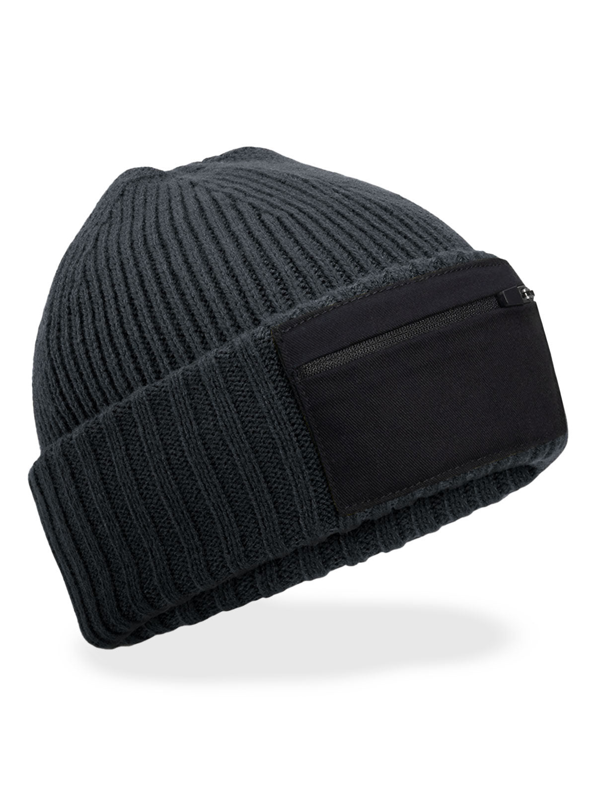 Beanies Zip Patch Beanie graphite Grau/Schwarz bestickbar und bedruckbar – LA1970