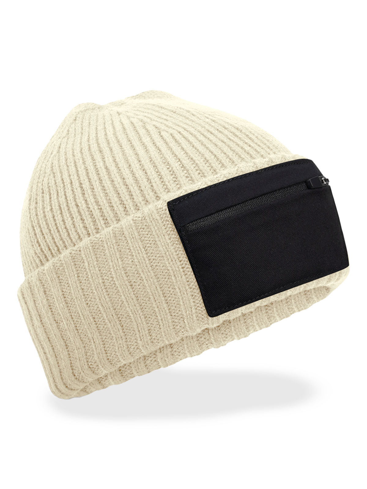 Beanies Zip Patch Beanie sand/Schwarz bestickbar und bedruckbar – LA1970
