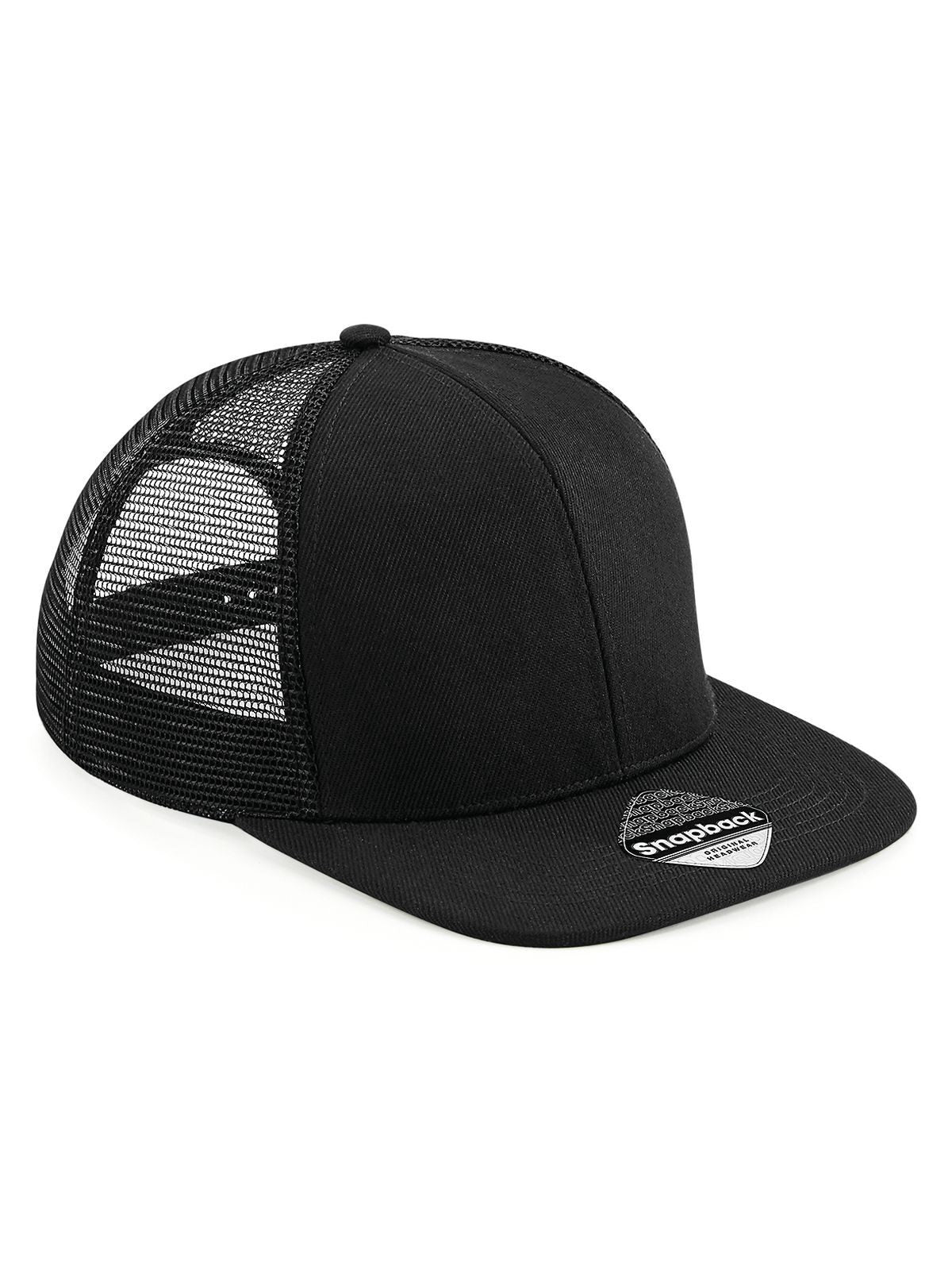 Trucker Caps Original Flat Peak 6 Pan. Trucker Schwarz/Schwarz bestickbar und bedruckbar – LA1970