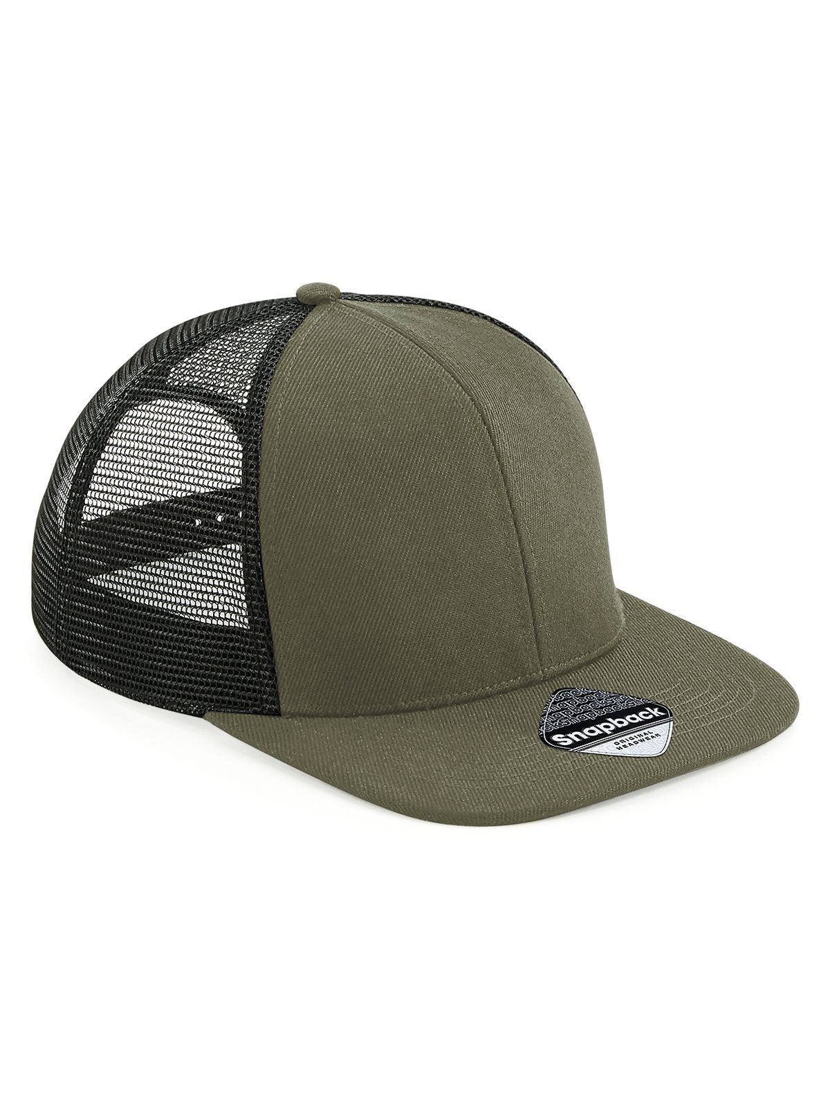 Trucker Caps Original Flat Peak 6 Pan. Trucker olive green/Schwarz bestickbar und bedruckbar – LA1970