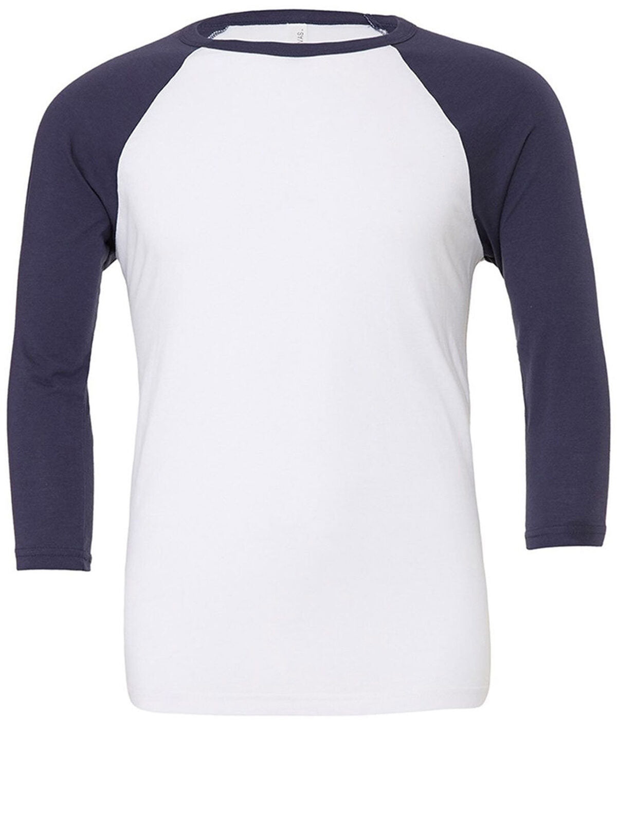 3/4 Sleeve Baseball Tee Unisex T-Shirt – Bella+Canvas – Farbe White/Navy – individuell veredelbar