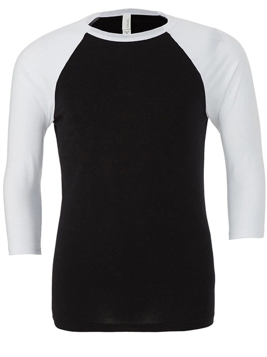 3/4 Sleeve Baseball Tee Unisex T-Shirt – Bella+Canvas – Farbe Black/White – individuell veredelbar