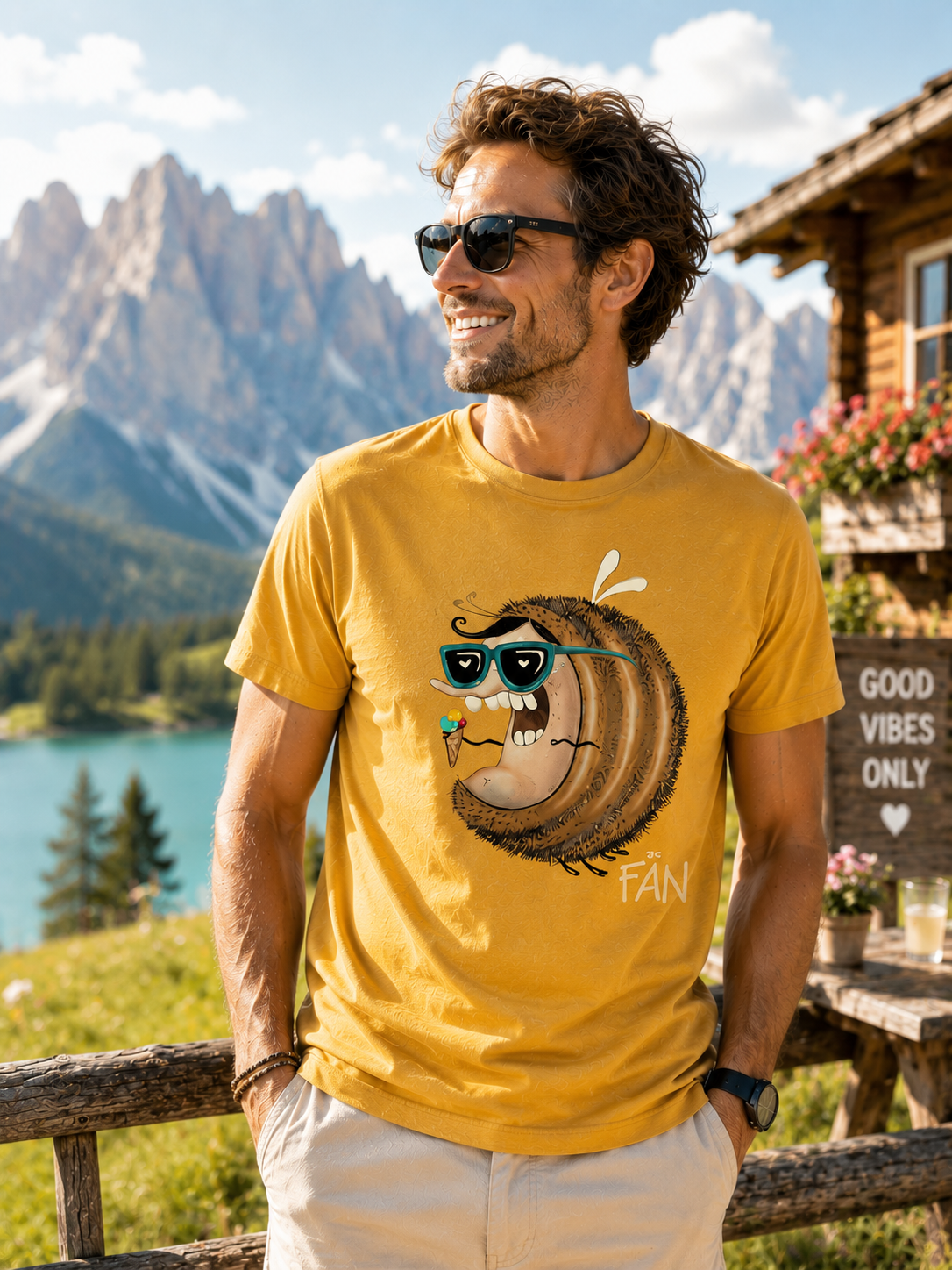 Mann trägt Jochen Gasser Herren T-Shirt in Senfgelb beim Outdoor-Shooting.