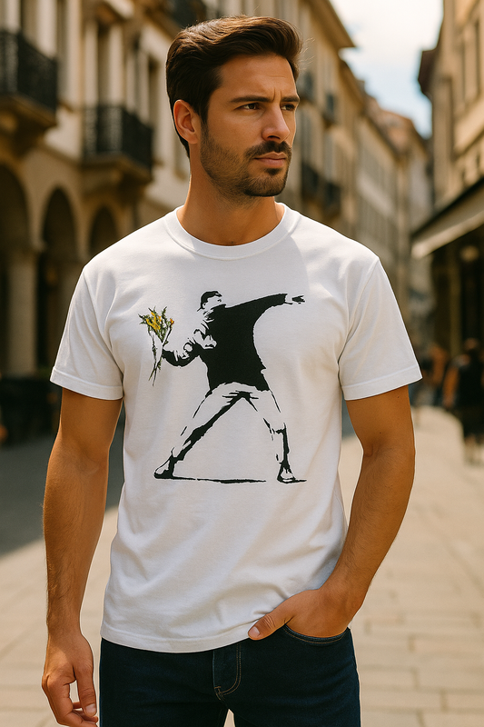 Banksy "Blumenwerfer"-Kunstwerk T-Shirt