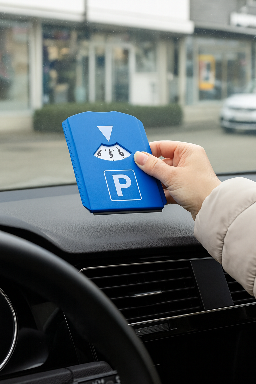 Parkscheibe mit Eiskratzer, Gummilippe und 3 Einkaufswagenchips – Modell „Parking Plus“