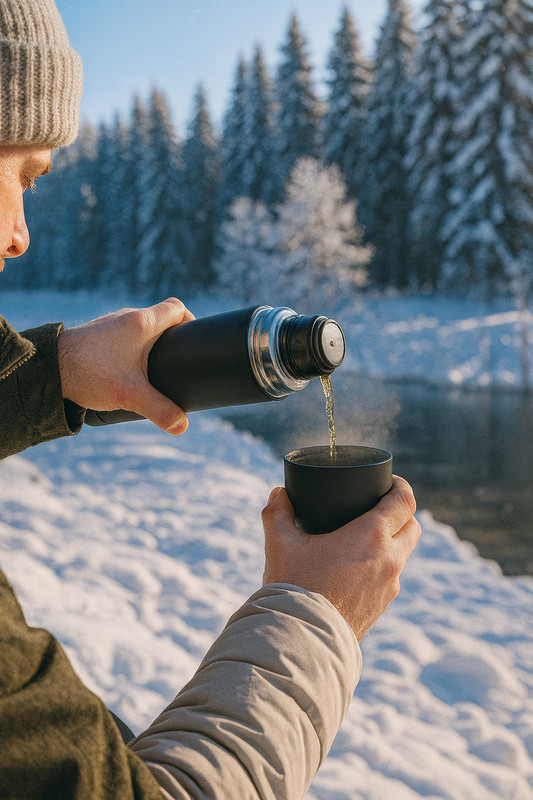 Design-Thermoskanne 750 ml – Edelstahl, vakuumisoliert, mit 2 Bechern, inkl. Druck