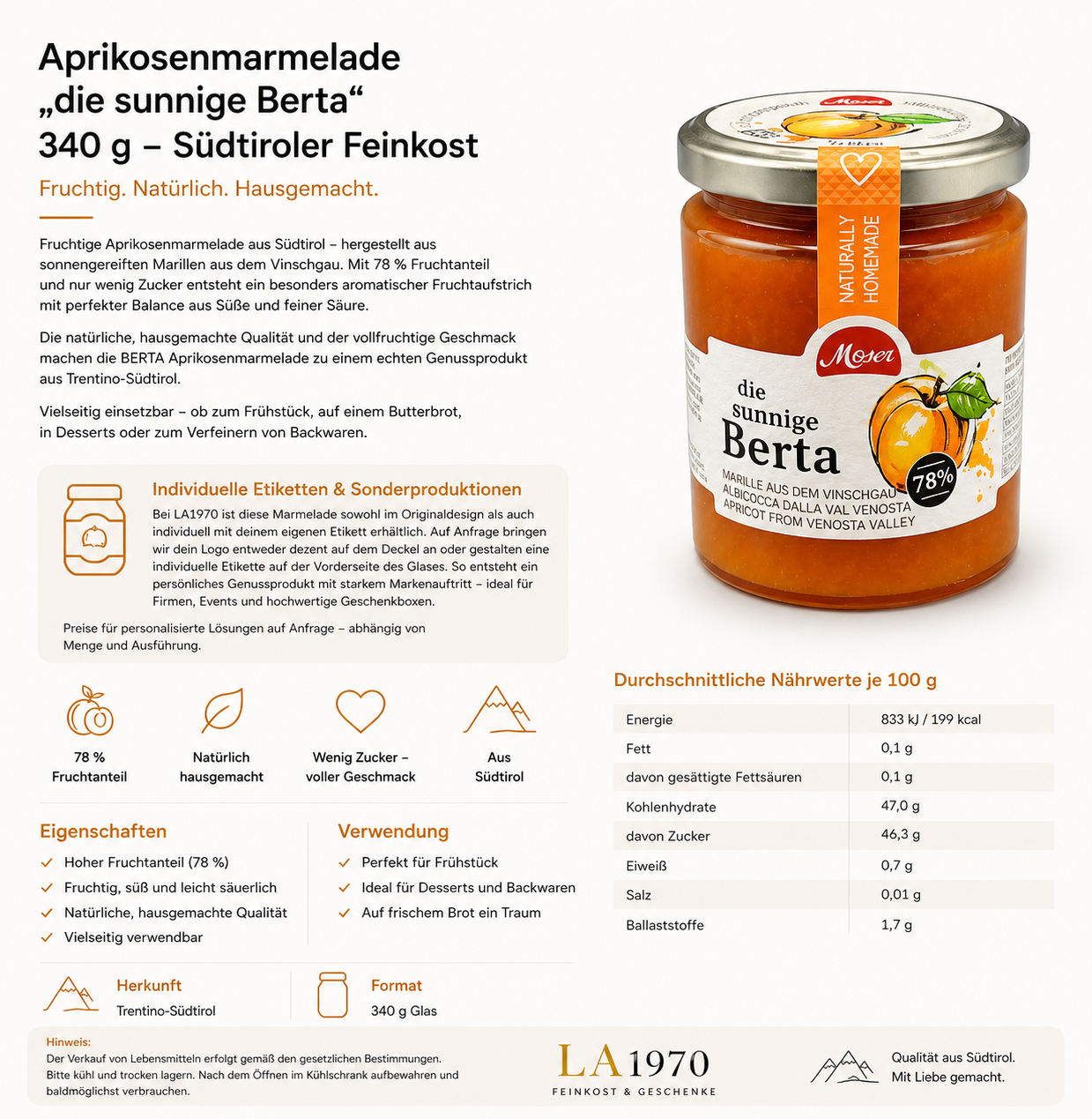 Confettura di albicocche "die sunnige Berta" – 340 g | Gastronomia di alta qualità dell'Alto Adige | LA1970