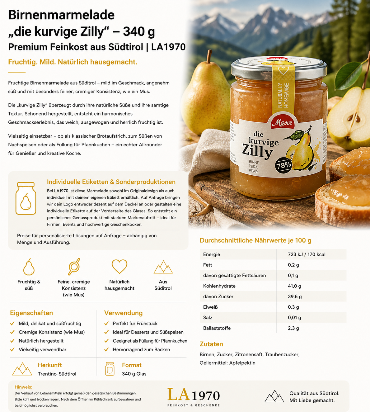 Birnenmarmelade „die kurvige Zilly“ 340 g – Südtiroler Feinkost | LA1970 (Kopie)
