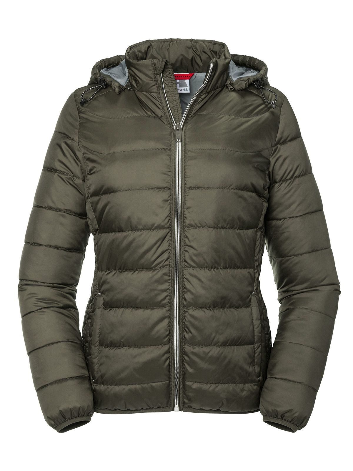 Ladies' Hooded Nano Jacket Damen – Russell – Farbe Dark Olive – individuell veredelbar