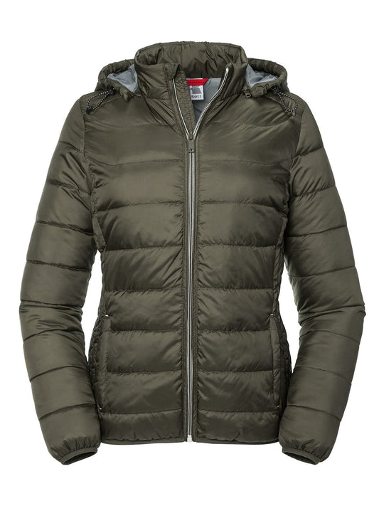 Ladies' Hooded Nano Jacket Damen – Russell – Farbe Dark Olive – individuell veredelbar