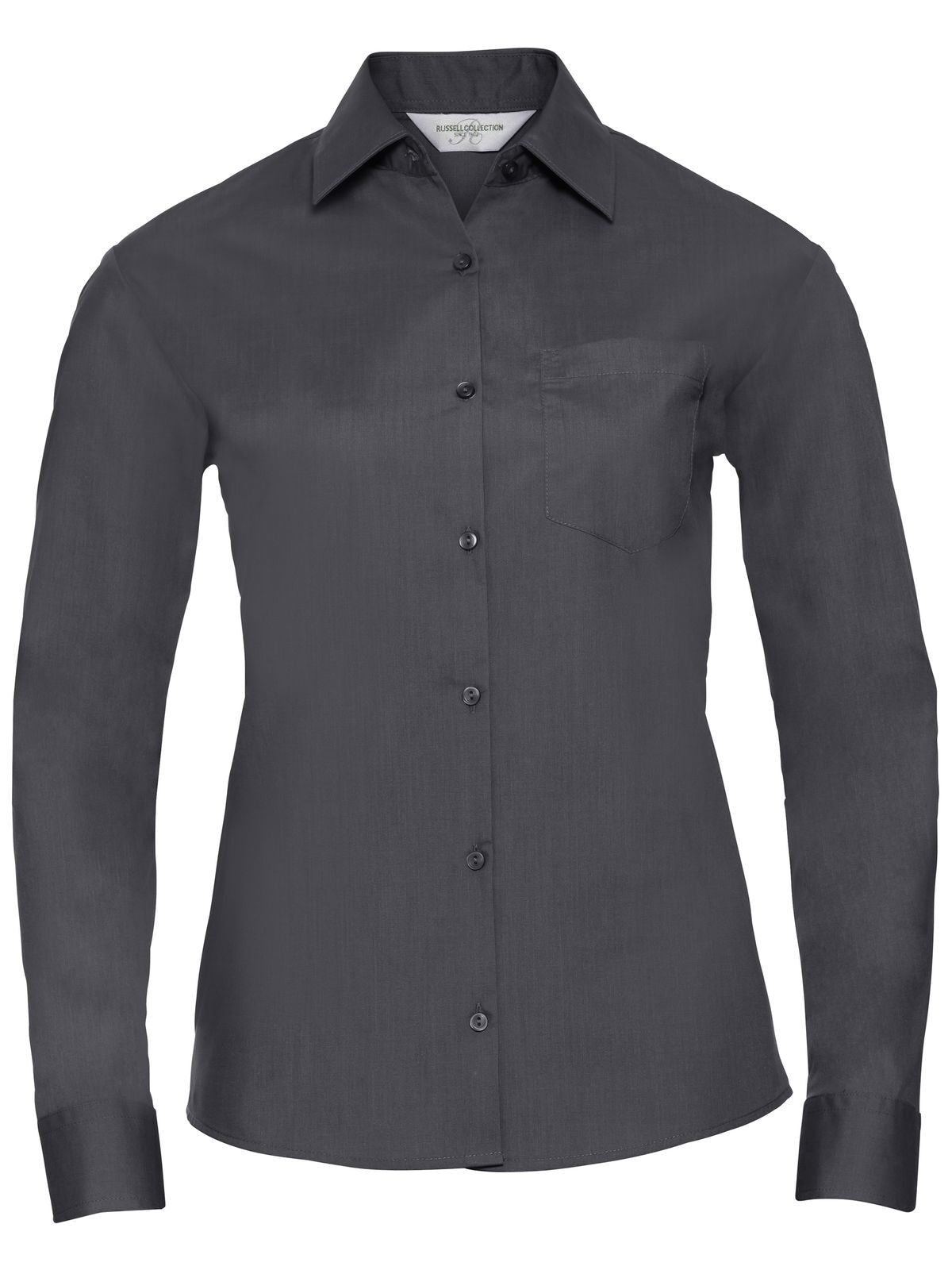 Ladies' Long Sleeve PolyCotton Poplin Shirt Damen Hemd / Bluse – Russell – Farbe convoy grey – individuell veredelbar