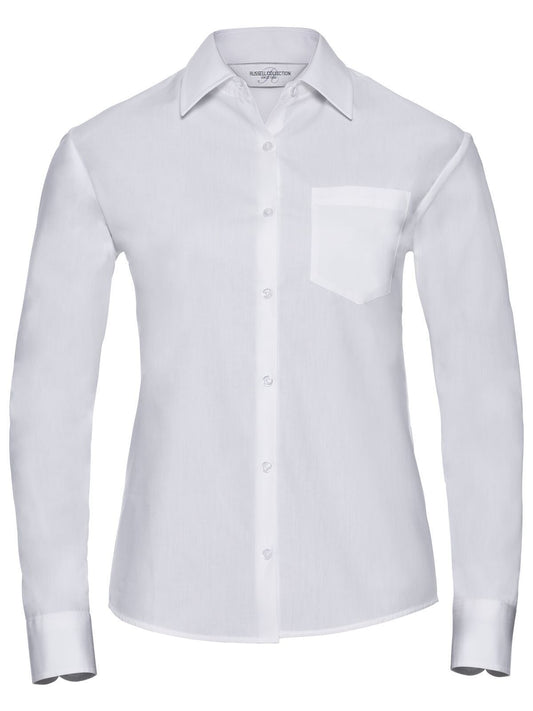 Ladies' Long Sleeve Pure Cotton Poplin Shirt Damen Hemd / Bluse – Russell – Farbe Weiß – individuell veredelbar