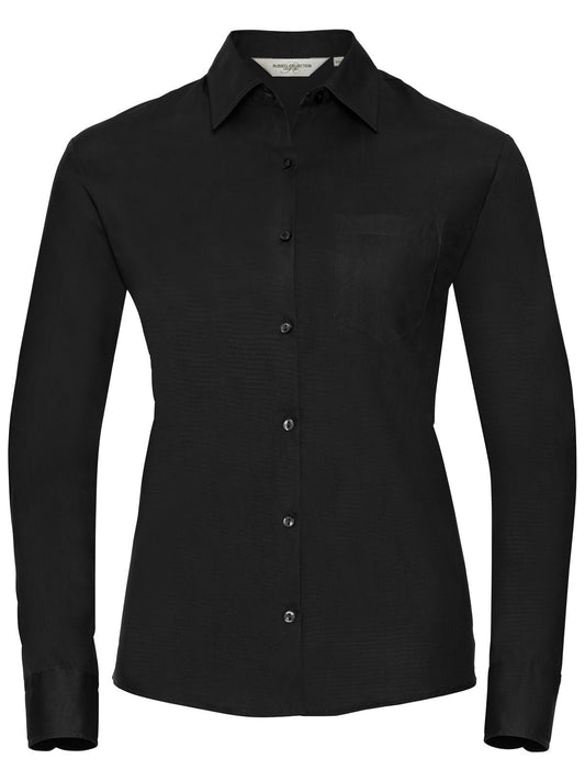 Ladies' Long Sleeve Pure Cotton Poplin Shirt Damen Hemd / Bluse – Russell – Farbe Schwarz – individuell veredelbar