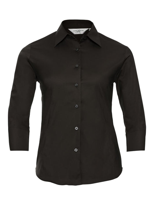 Ladies' 3/4 Sleeve Easy Care Fitted Shirt Damen Hemd / Bluse – Russell – Farbe Schokolade – individuell veredelbar