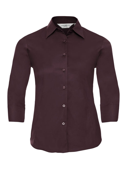 Ladies' 3/4 Sleeve Easy Care Fitted Shirt Damen Hemd / Bluse – Russell – Farbe port – individuell veredelbar