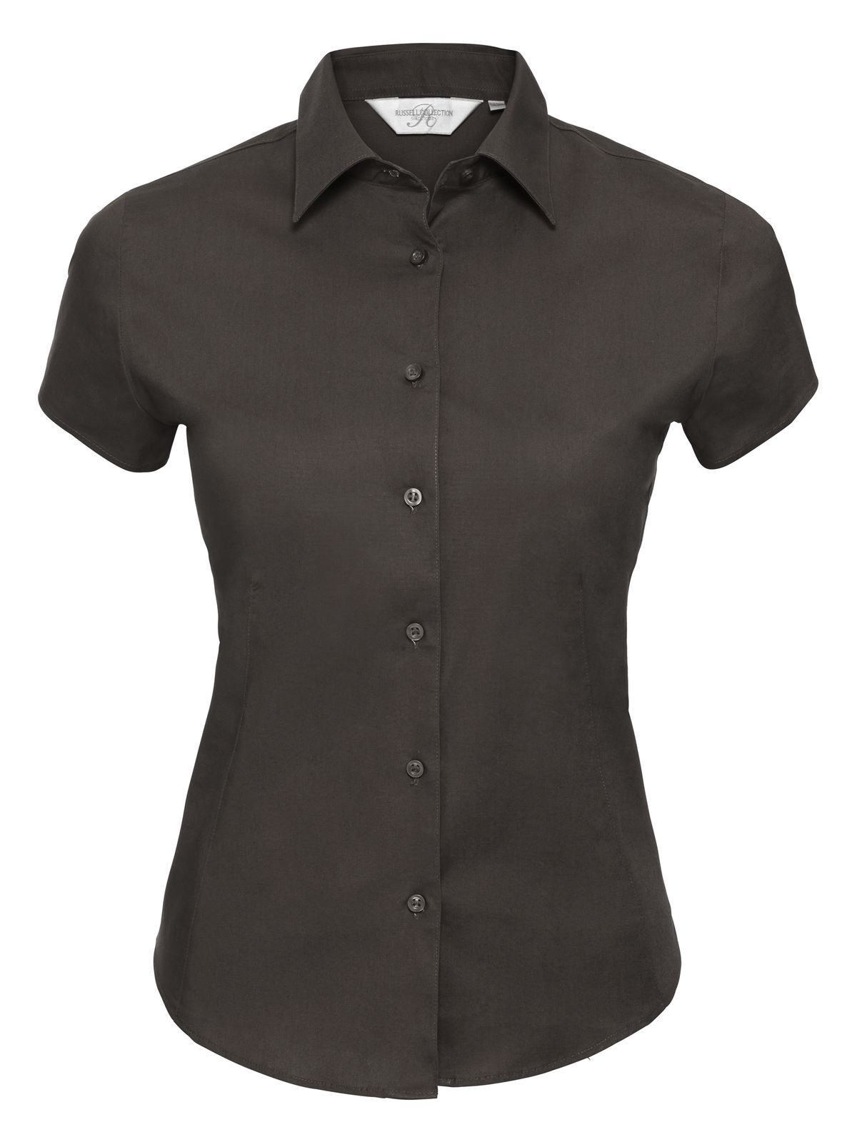 Ladies' Short Sleeve Easy Care Fitted Shirt Damen Hemd / Bluse – Russell – Farbe Schokolade – individuell veredelbar