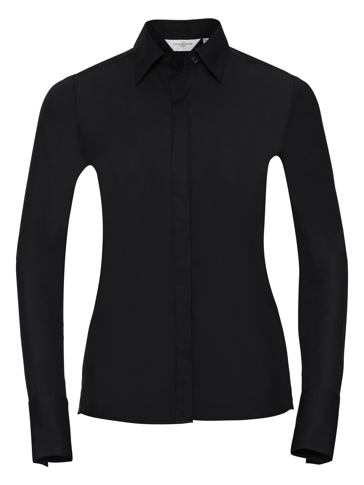 Ladies' Long Sleeve Ultimate Stretch Damen Hemd / Bluse – Russell – Farbe Schwarz – individuell veredelbar