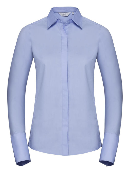 Ladies' Long Sleeve Ultimate Stretch Damen Hemd / Bluse – Russell – Farbe bright sky – individuell veredelbar