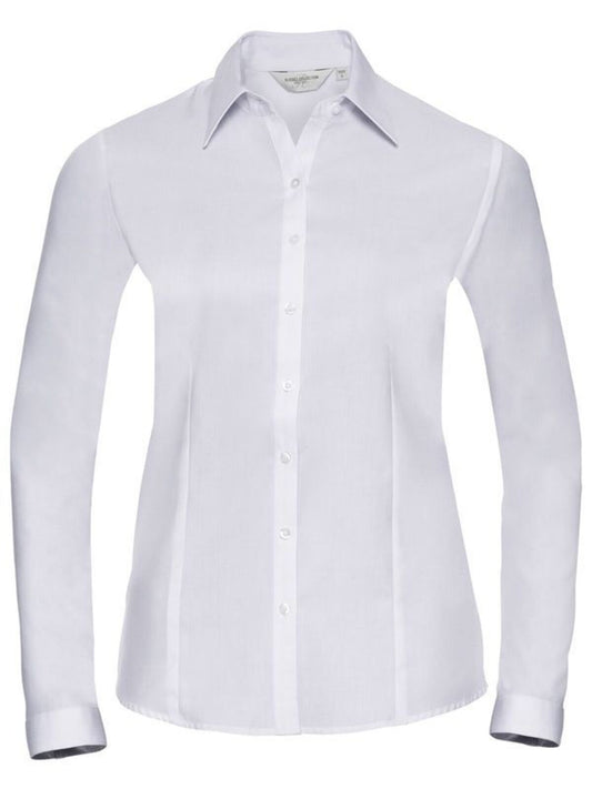 Ladies' Long Sleeve Tailored Herringbone Shirt Damen Hemd / Bluse – Russell – Farbe Weiß – individuell veredelbar