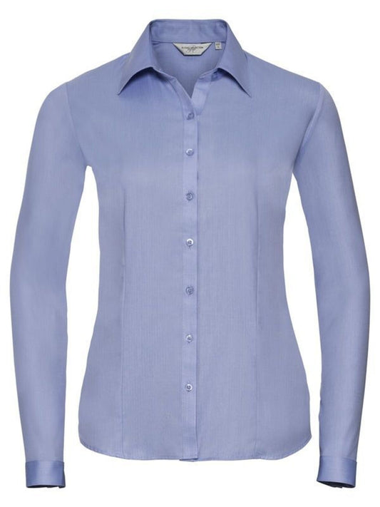 Ladies' Long Sleeve Tailored Herringbone Shirt Damen Hemd / Bluse – Russell – Farbe Hellblau – individuell veredelbar