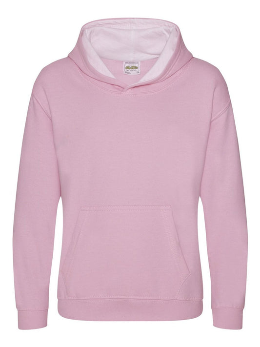 Varsity Hoodie Kinder Sweatshirt / Hoodie – Just Hoods by AWDis – Farbe baby pink/arctic white – individuell veredelbar