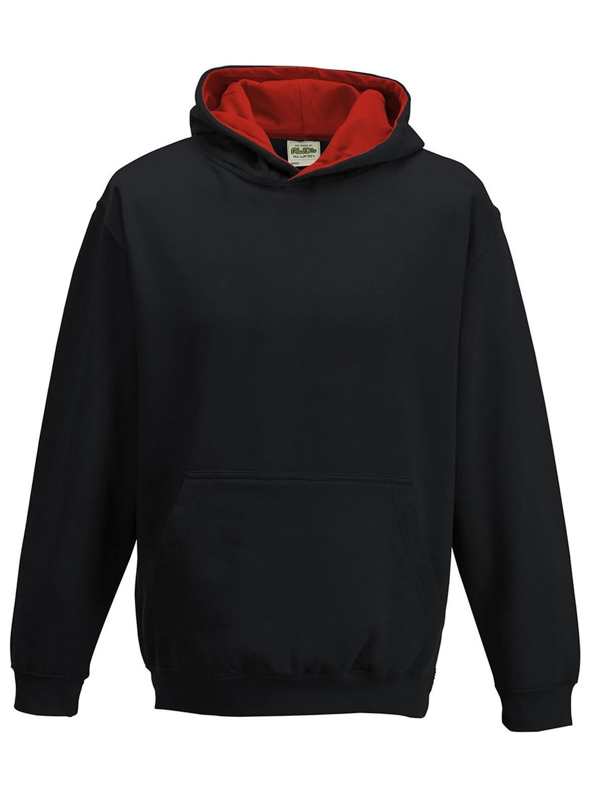 Varsity Hoodie Kinder Sweatshirt / Hoodie – Just Hoods by AWDis – Farbe jet black/fire red – individuell veredelbar