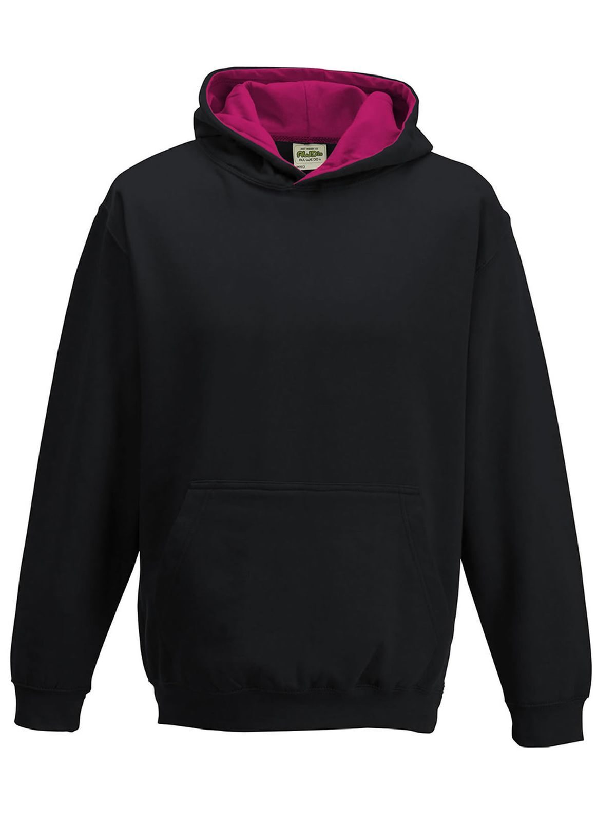 Varsity Hoodie Kinder Sweatshirt / Hoodie – Just Hoods by AWDis – Farbe jet black/hot pink – individuell veredelbar