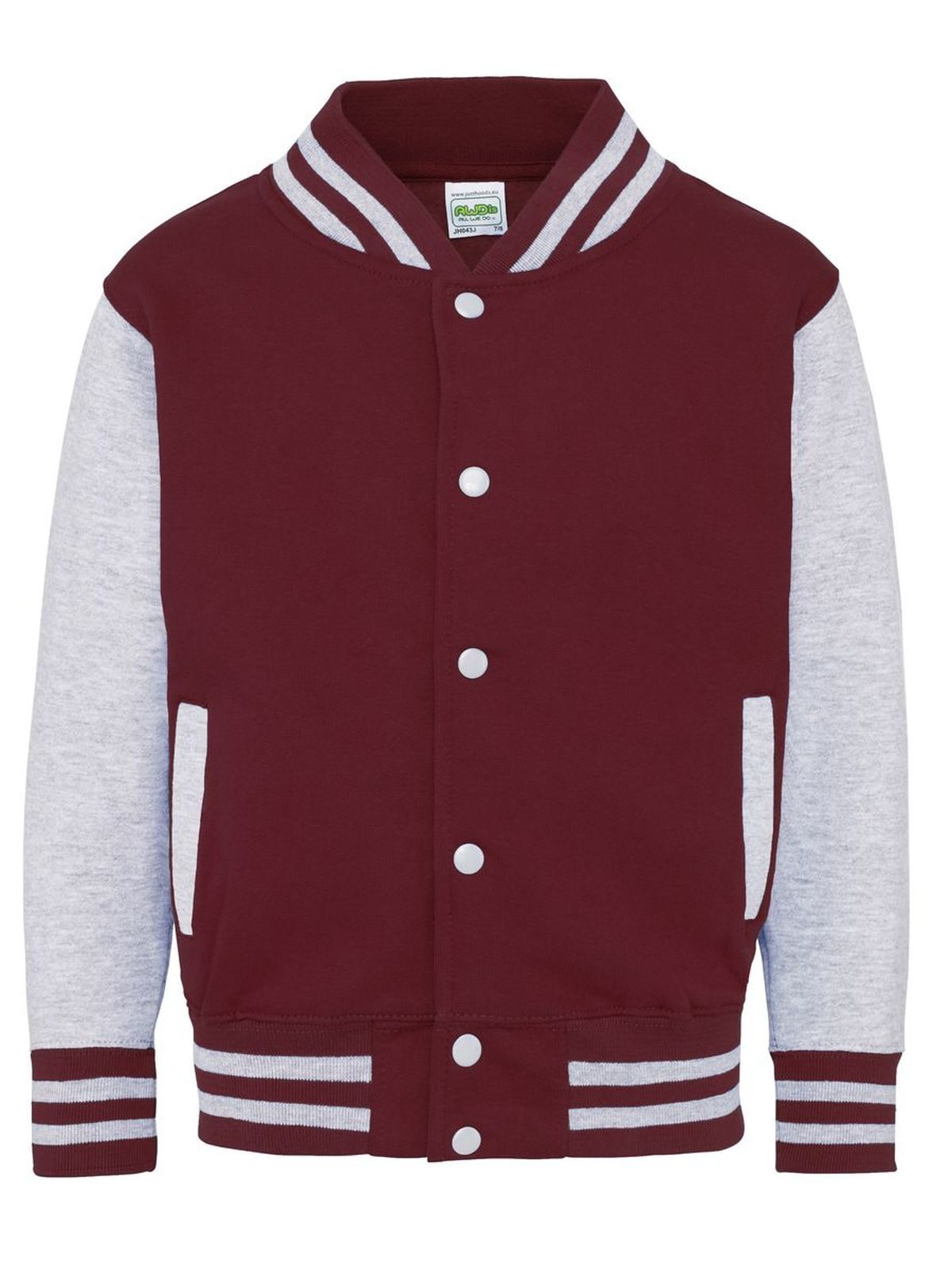 Varsity Jacket Kinder Sweatshirt / Hoodie – Just Hoods by AWDis – Farbe burgundy/heather grey – individuell veredelbar