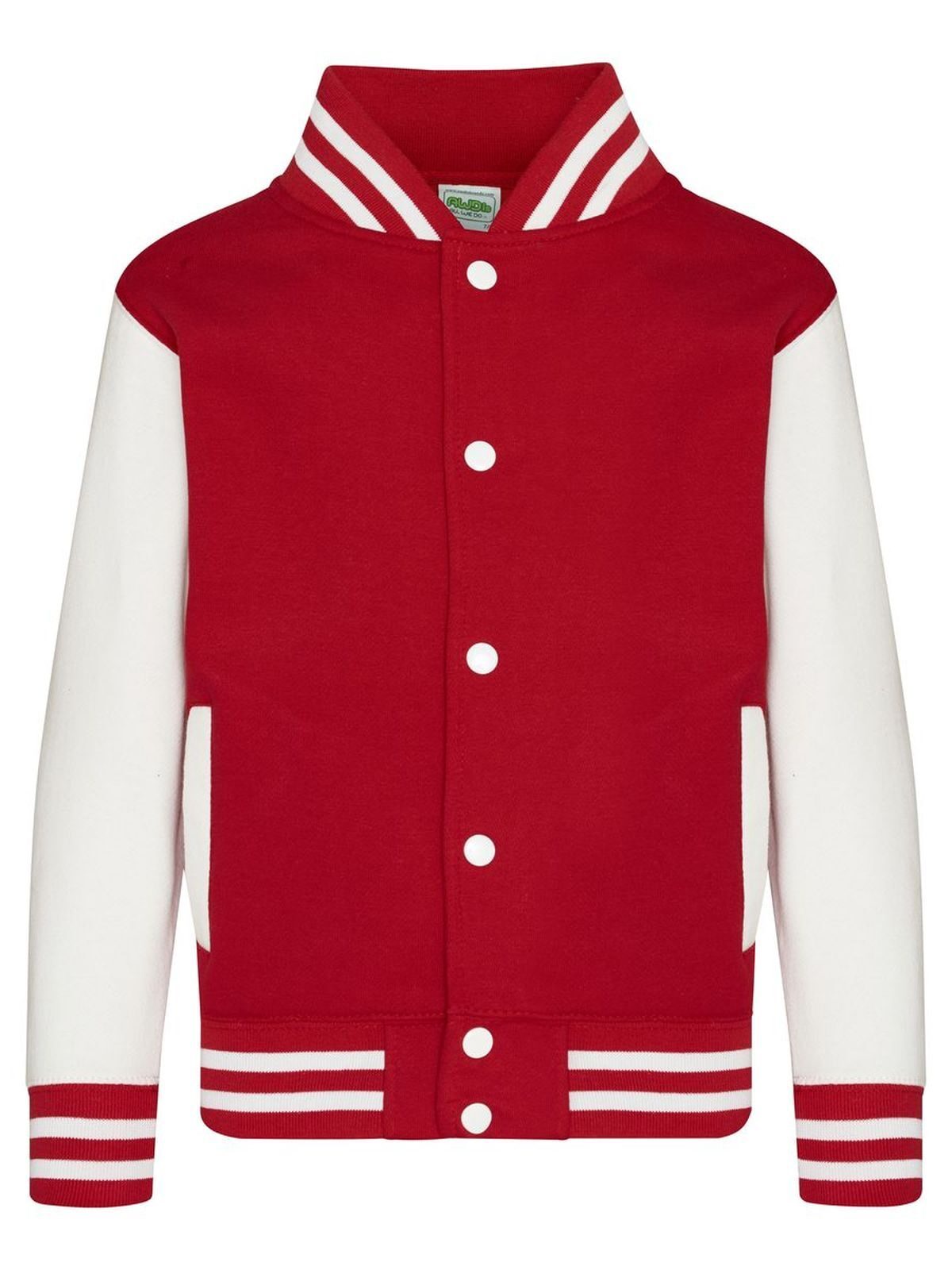 Varsity Jacket Kinder Sweatshirt / Hoodie – Just Hoods by AWDis – Farbe fire red/white – individuell veredelbar