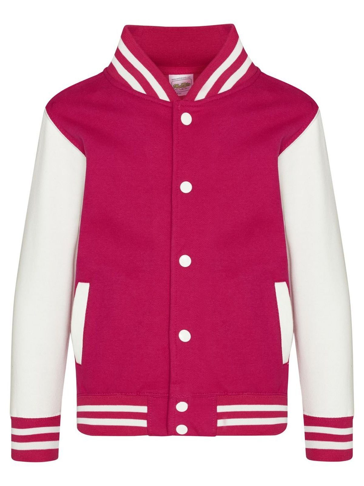 Varsity Jacket Kinder Sweatshirt / Hoodie – Just Hoods by AWDis – Farbe hot pink/white – individuell veredelbar