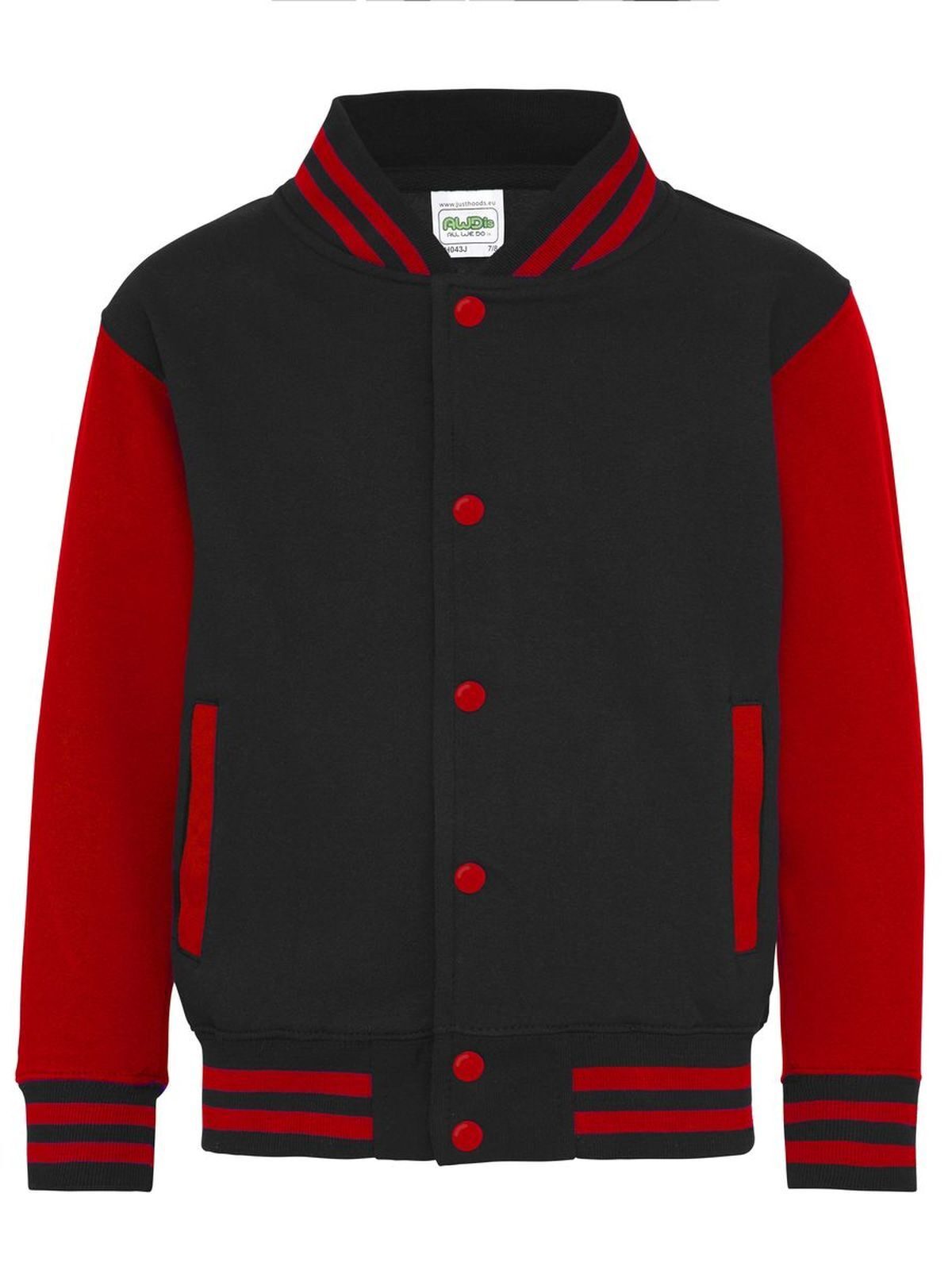 Varsity Jacket Kinder Sweatshirt / Hoodie – Just Hoods by AWDis – Farbe jet black/fire red – individuell veredelbar