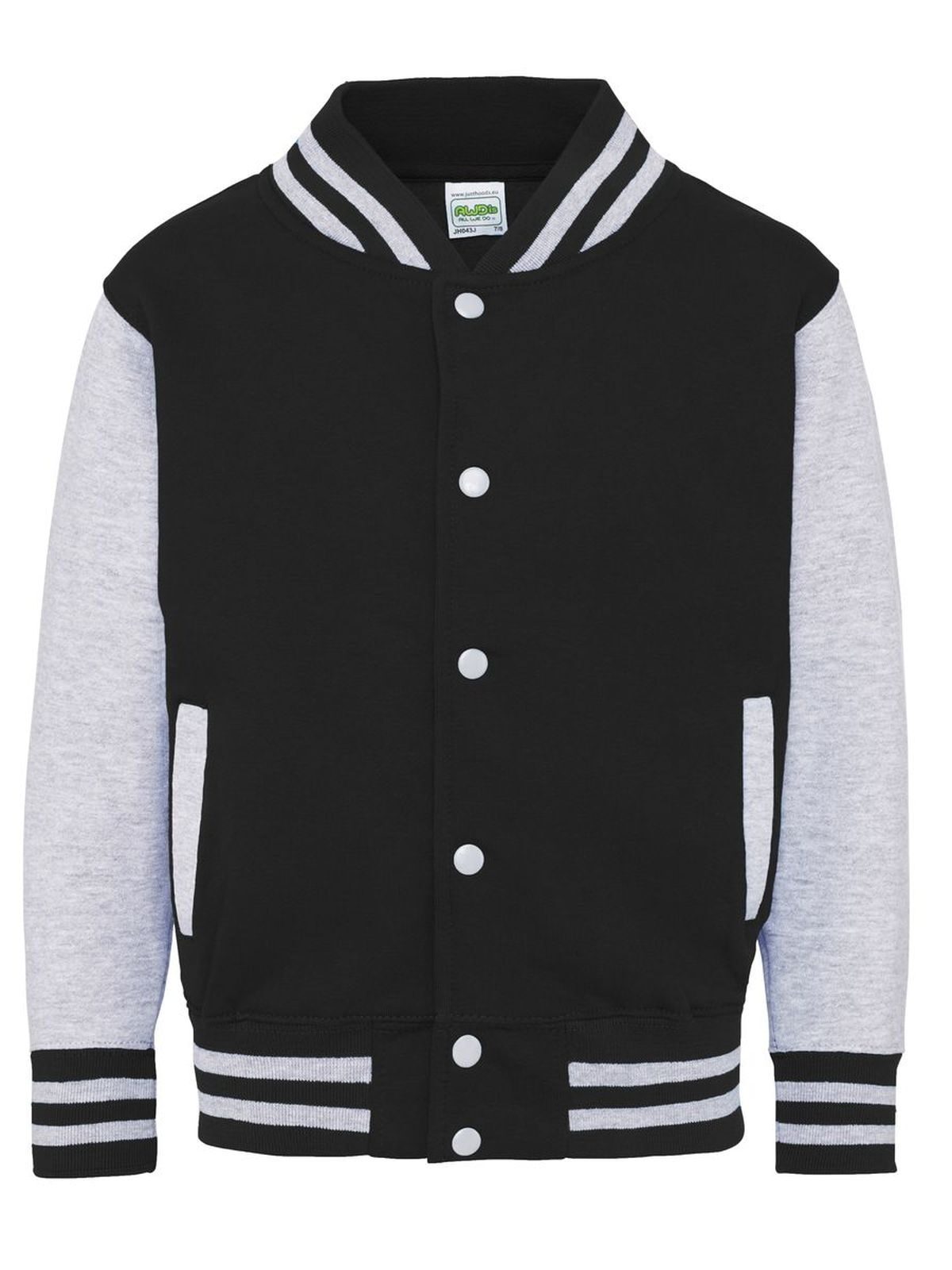 Varsity Jacket Kinder Sweatshirt / Hoodie – Just Hoods by AWDis – Farbe jet black/heather grey – individuell veredelbar